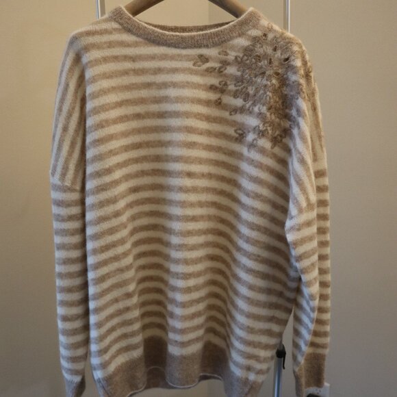 Brunello Cucinelli Sequins Sweater Beige Tan Stripe Alpaca Blend New Tag Size XL - Picture 6 of 9